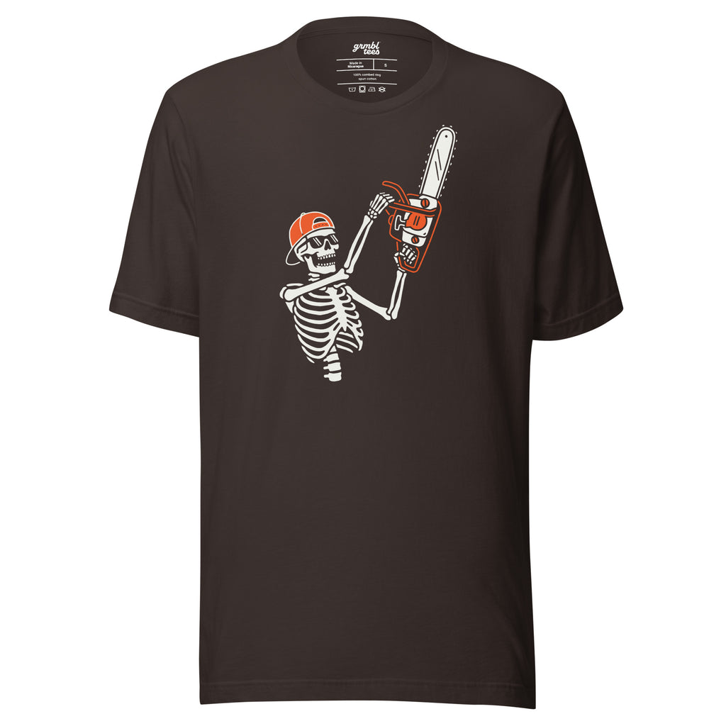 Bone Saw – Halloween Skeleton Chainsaw T-Shirt Brown