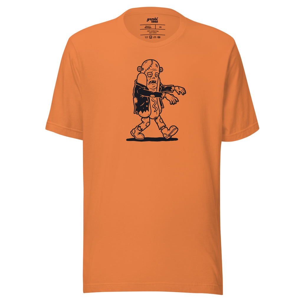 Graveyard Glizzy – Funny Halloween Zombie Hot Dog T-Shirt – orange – grmbl tees