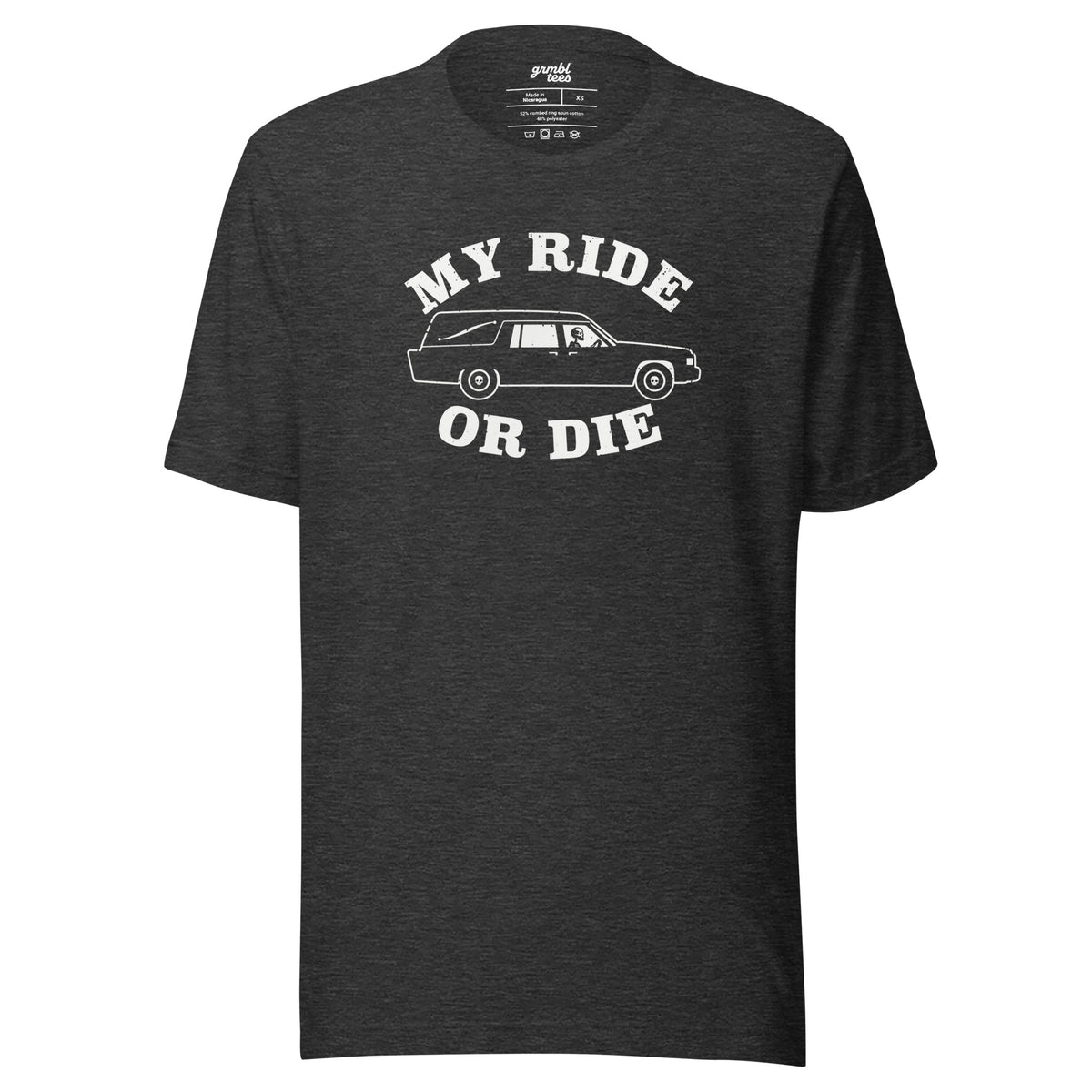 My Ride or Die – Skeleton Hearse Halloween T-Shirt – Dark Gray