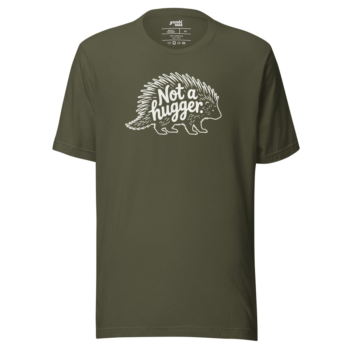 Funny Introvert Graphic T-shirt – Not a Hugger – military green – grmbl tees