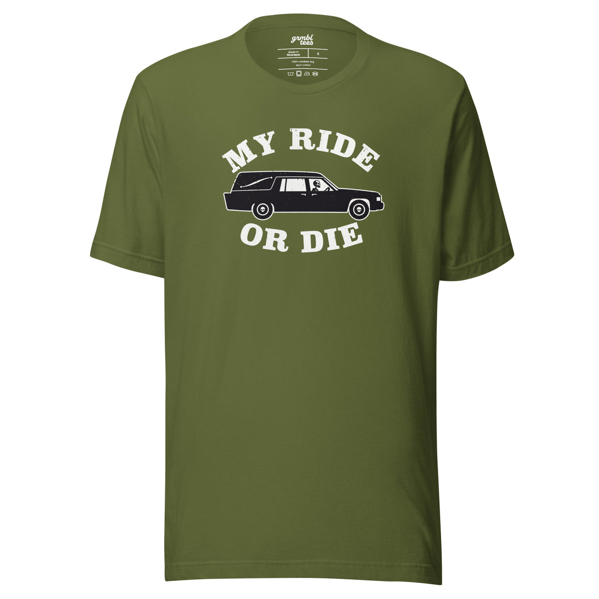 My Ride or Die – Skeleton Hearse Halloween T-Shirt – Green